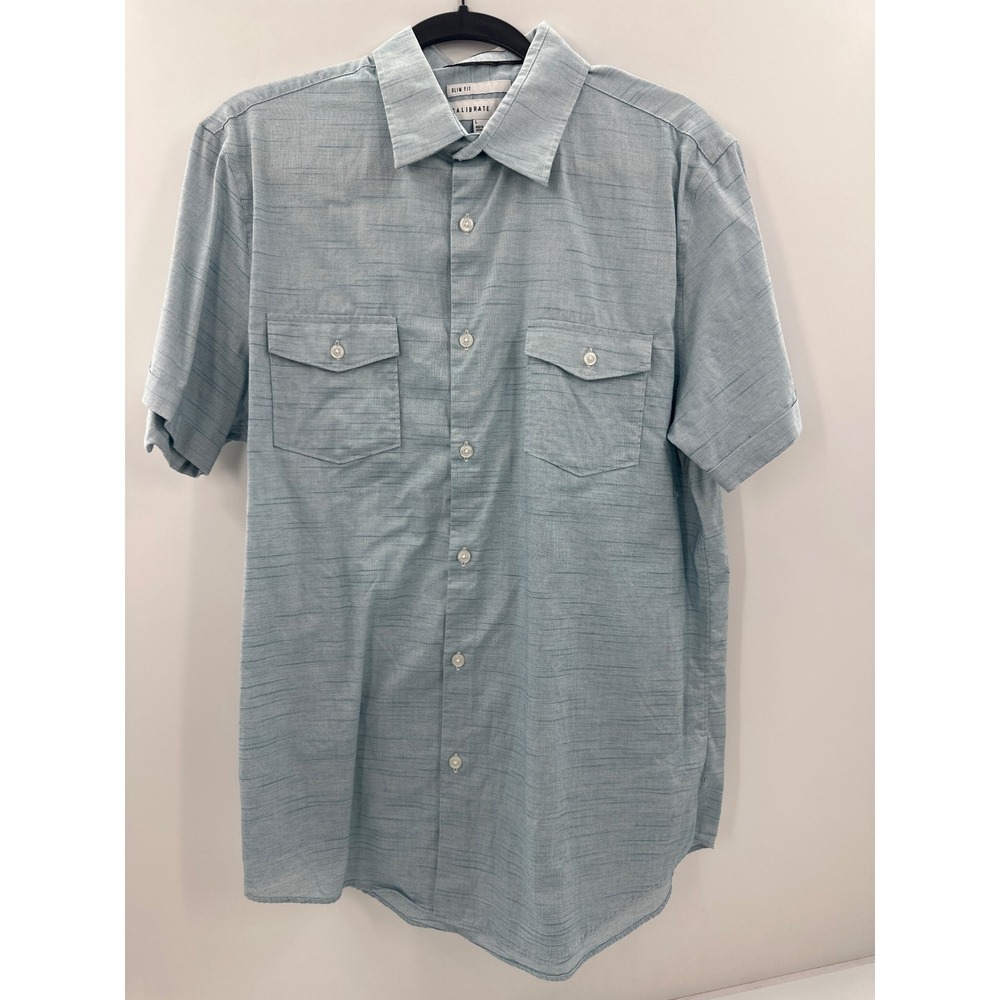 Calibrate Mens Slim Fit Short Sleeve Button Down Shirt Blue Large Dual Pockets